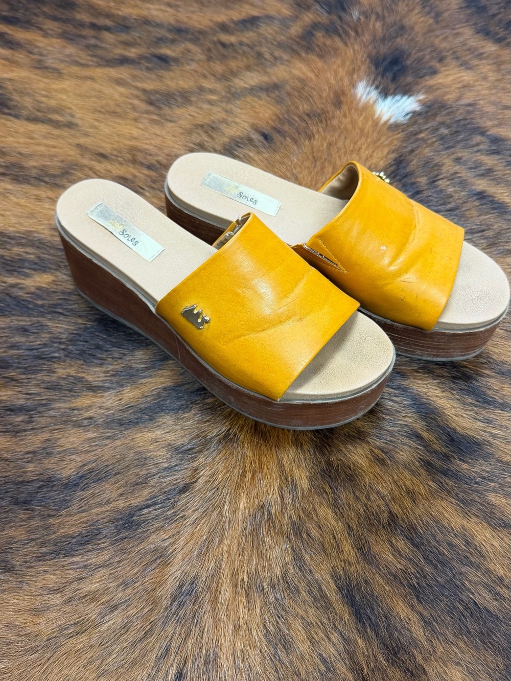 Mustard Yellow Leather Platform Slide Mules